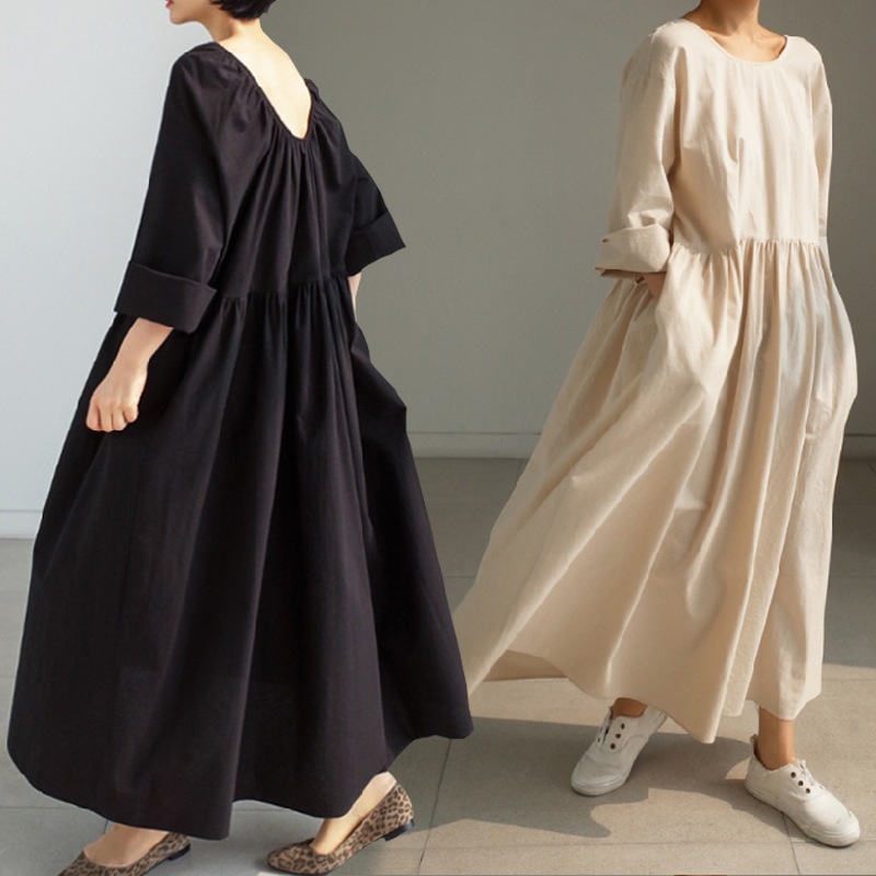 ワンピース マキシ丈 長袖 ラウンドネック バックカット タック 美ライン ニュアンス リラックス ナチュラル かわいい 大人可愛い きれいめ シンプル カジュアル 上品 おしゃれ お洒落 大人女子