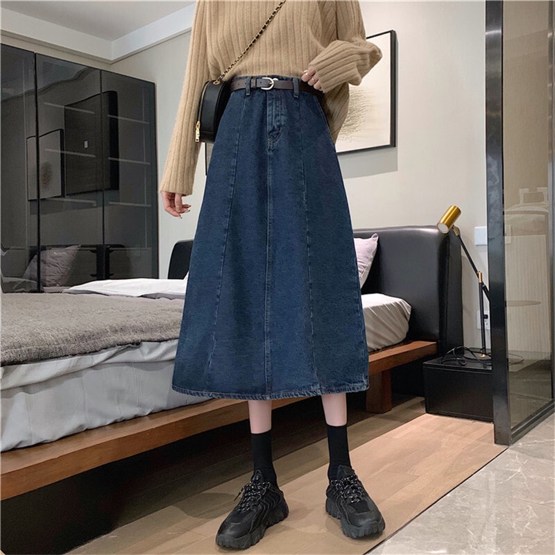 レトロ風 スカート ボトムス デニムスカート ミモレ ミモレ丈 ベルト ハイウエスト デニム かわいい 大人可愛い シンプル カジュアル おしゃれ お洒落 かっこいい レトロ 大人可愛い 大人女子