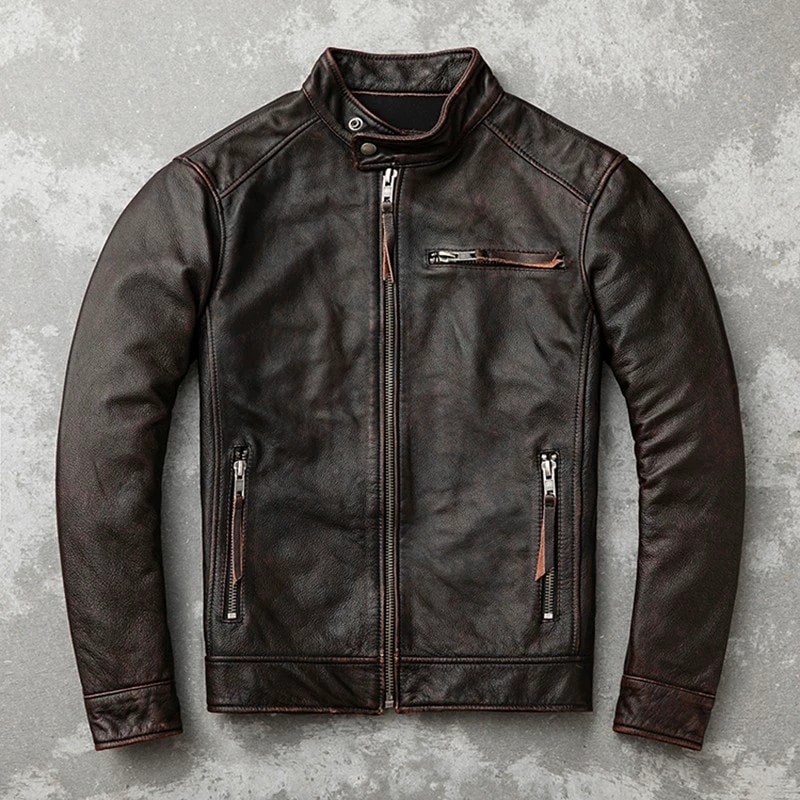 メンズ革ジャン 本革　本革メンズスリムジャケットレトロダメージ加工春秋ピュアレザージャケット 秋冬　レザージャケット ライダースジャケット ハーレーオートバイ服本革牛革トレンディなオートバイ