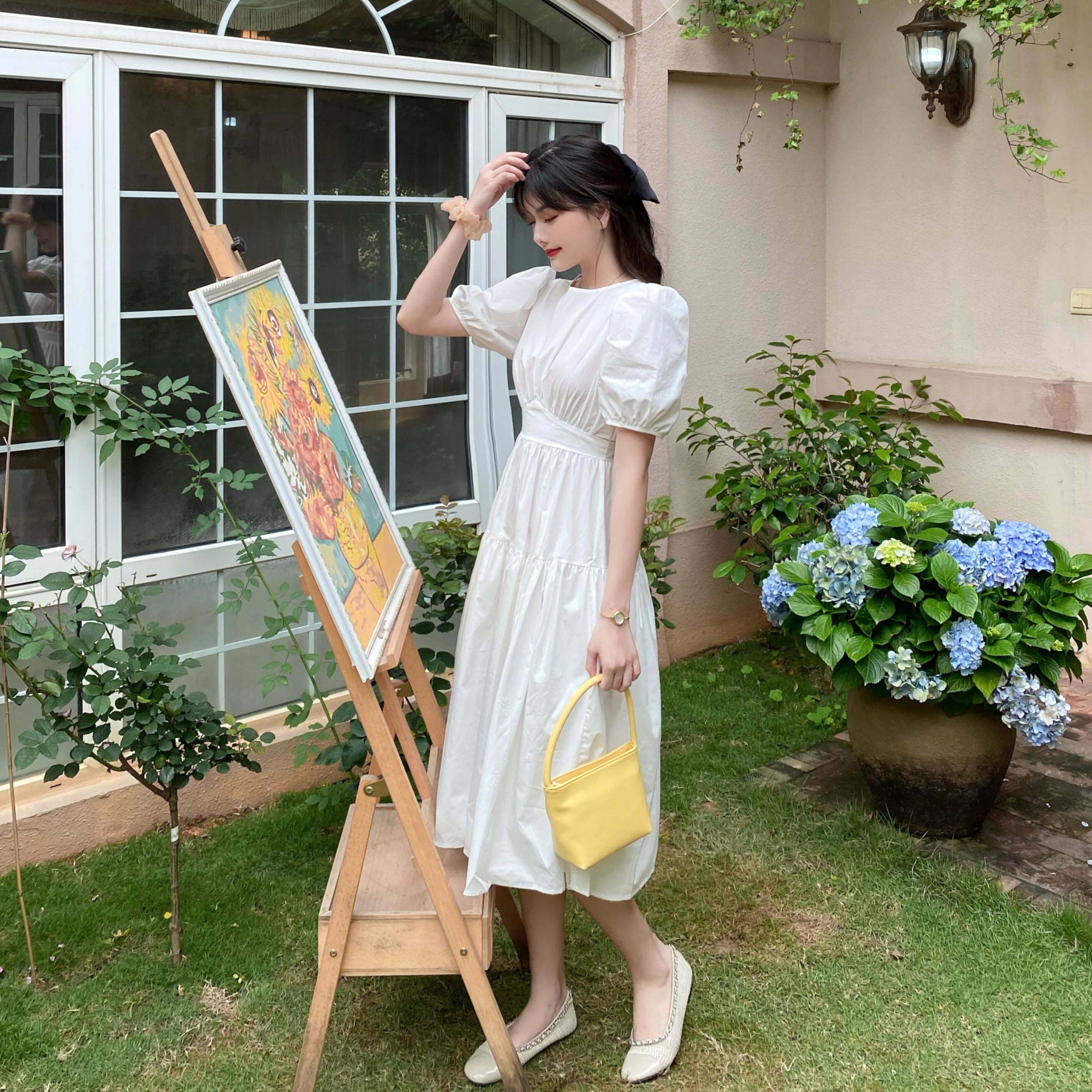 ティアードワンピース ワンピース フレアワンピース ワンピドレス ロング ロング丈 袖あり 半袖 パフスリーブ ラウンドネック フレア Aライン 綿 かわいい 大人可愛い きれいめ シンプル