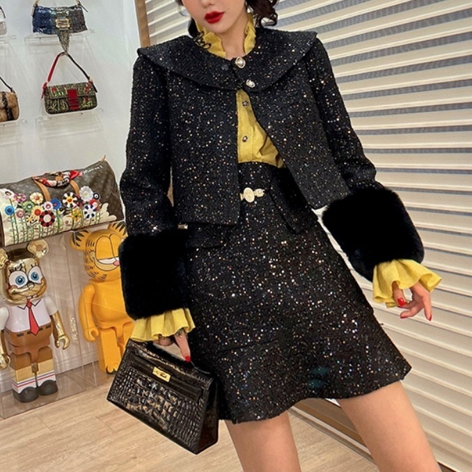 スカート ジャケット レディース ミニ ショート 長袖 襟付き セット 大人可愛い きれいめ シンプル 大人 上品 高級感 存在感 おしゃれ 冬 デート お出かけ モテ ブラック アウター ボトムス