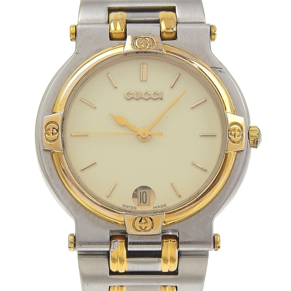 9000M 腕時計 ステンレススチール 金メッキ クオーツ アナログ表示 ボーイズ アイボリー文字盤 中古品