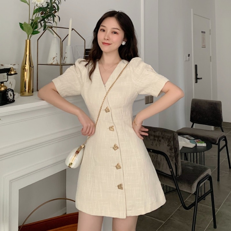 ななめフロントボタン 変形スクエア型ボタン 袖タック 格子織り柄 すっきり 足見せ ワンピース ミニ