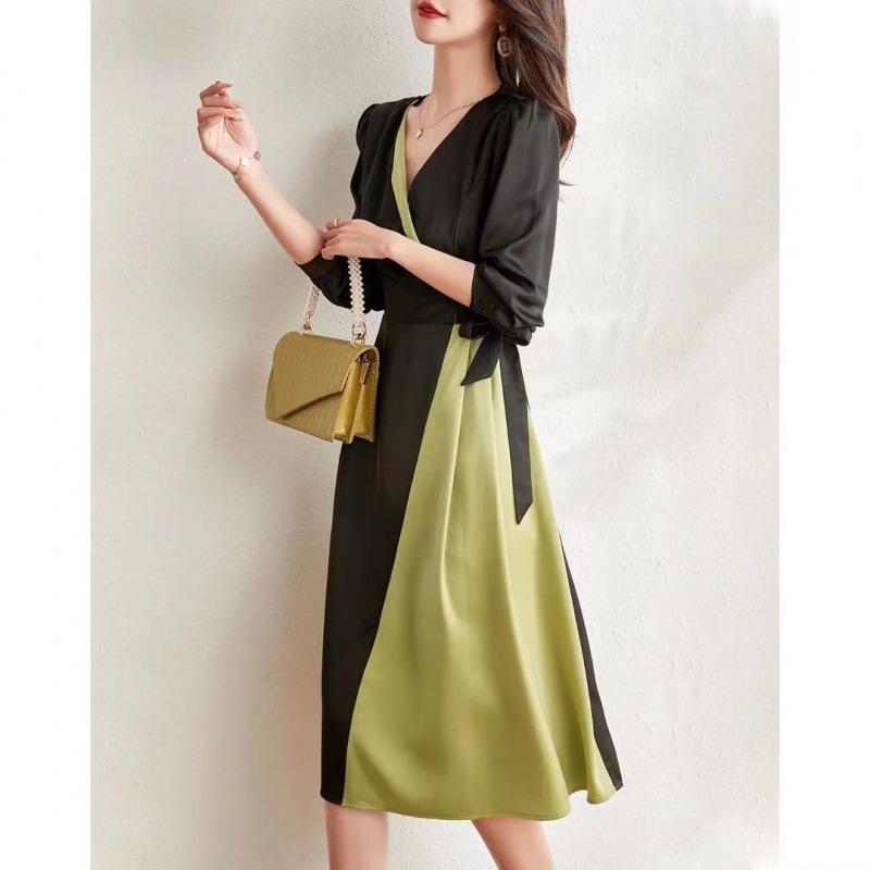 ワンピース レディース きれいめ 40代 ロングワンピース 新作 きれいめ 配色 ワンピース 長袖 母の日 母の日-0005246