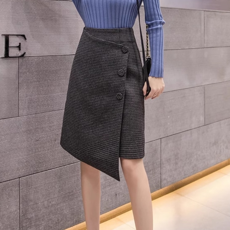 レディース スカート 膝上 ストレート Iライン アシンメトリー ファスナー ハイウエスト かわいい 大人可愛い きれいめ シンプル 上品 おしゃれ レトロ 個性的 存在感 フォーマル 都会的