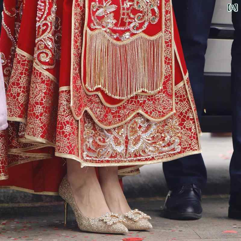 ハイヒール　シューズ　レディース 女性用 ウェディングシューズラインストーン スクエアバックル スパンコール ハイヒール スティレット 浅口 尖った つま先 Hexiu ウェディングドレス ツーウェイ