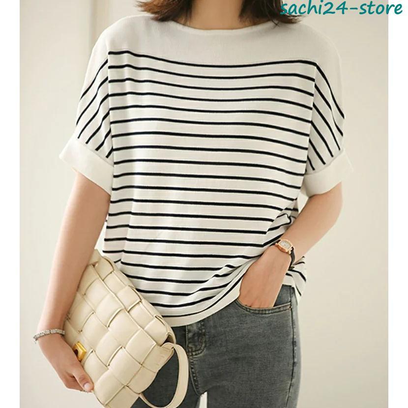 接触冷感 涼しい ストライプ tシャツ レディース 夏 クルーネック 半袖 透け感 洗えるニット ニットソートップスきれいめ 無地 カットソー トップス