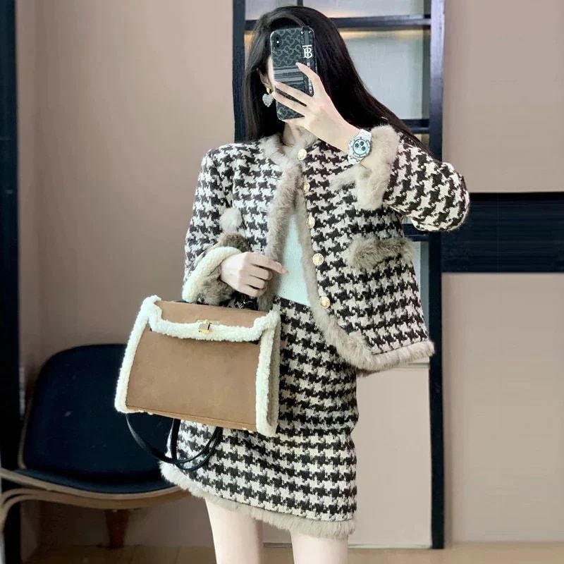 プラスサイズのセレブ小さな香りのよいスタイル肥厚コート女性のルーズ痩身脂肪 mm ウール暖かいスカートスーツ