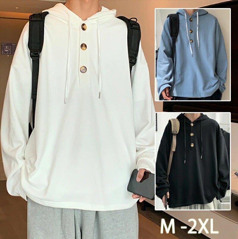 パーカー メンズ 長袖 秋服 フード付き ボタン付き 無地 快適 カジュアル 大きいサイズ プルオーバー スウェットパーカー トップス 春 秋 冬 グレー/ブラック/ホワイト M-2XL