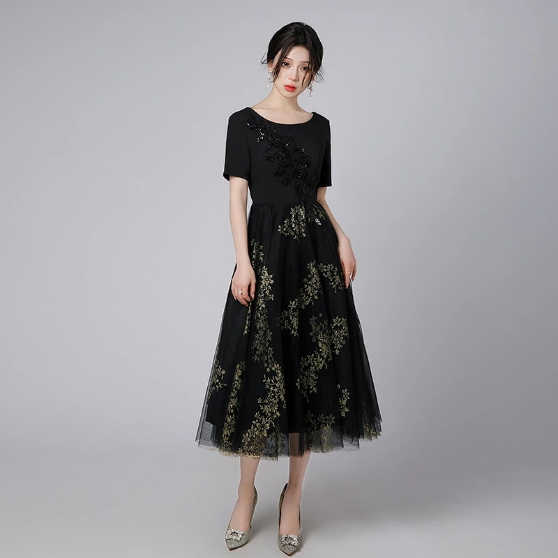 フォーマルドレス フレンチスタイル ミディ丈 演奏会用 卒業式 声楽 ピアノ発表会 上品 エレガント 大人女性 着痩せ 体型カバー 洗える 透け感対策 高級イブニングドレス