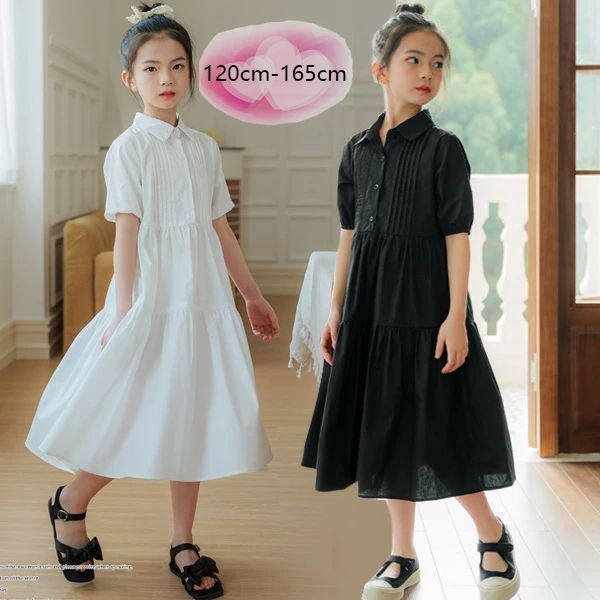 大セール韓国子供服 キッズ シャツワンピース 黒 白 夏ワンピ 女の子 誕生日 結婚式 発表会 ワンピース ブラック ホワイト 半袖 綿100% ワンピ