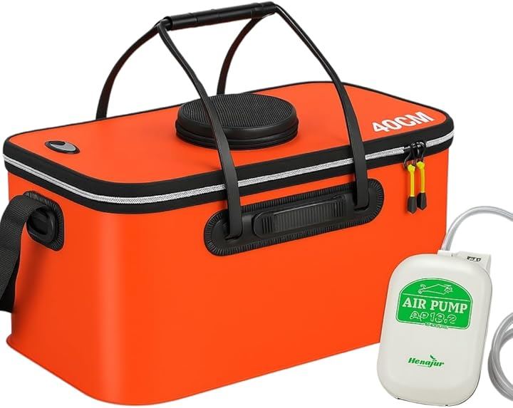 釣り 折りたたみ クーラーボックス エアーポンプ 付き バッカン バケツ 活かし 水汲み アウトドア(オレンジ)