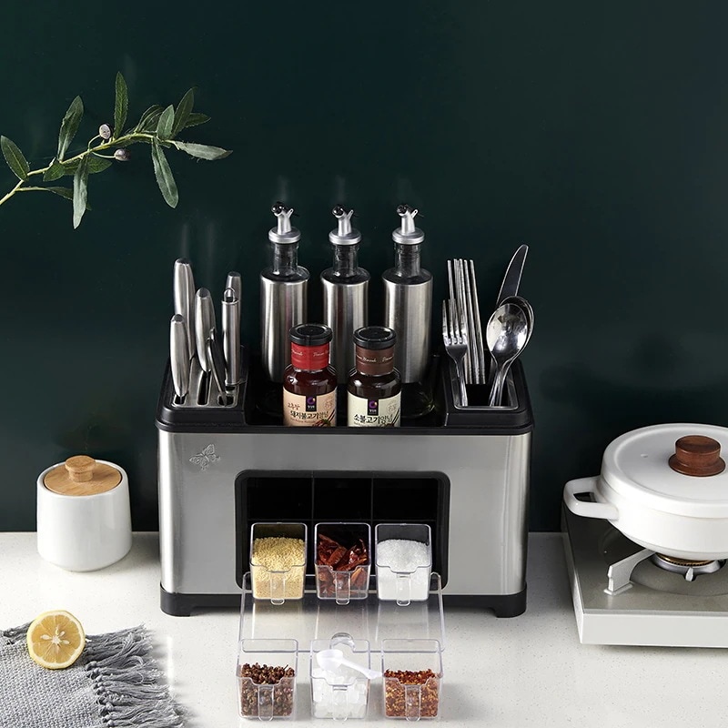 家庭用調味料ジャー調味料キッチン用品収納ボックスカウンタートップ調味料ボトルナイフホルダーステンレス鋼棚排水管