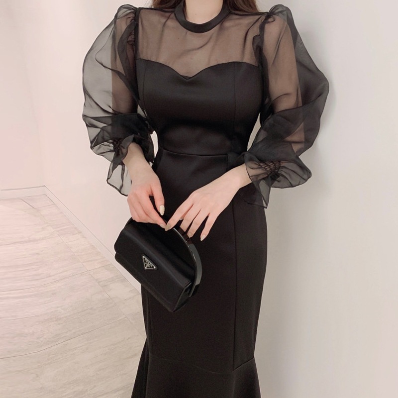 春韓国ファッション chic ヘアアクセサリー 気質 丸ネック 切り替え メッシュワンピース発表会 ドレス/成人式/同窓会/演奏会 ドレスパーティードレス 結婚式 お呼ばれ