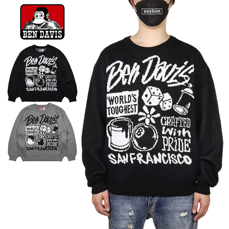 ベンデイビス ニット BEN DAVIS セーター トップス ジャガード 厚手 ゆったり メンズ レディース ブランド 大きいサイズ おしゃれ 黒 アメカジ