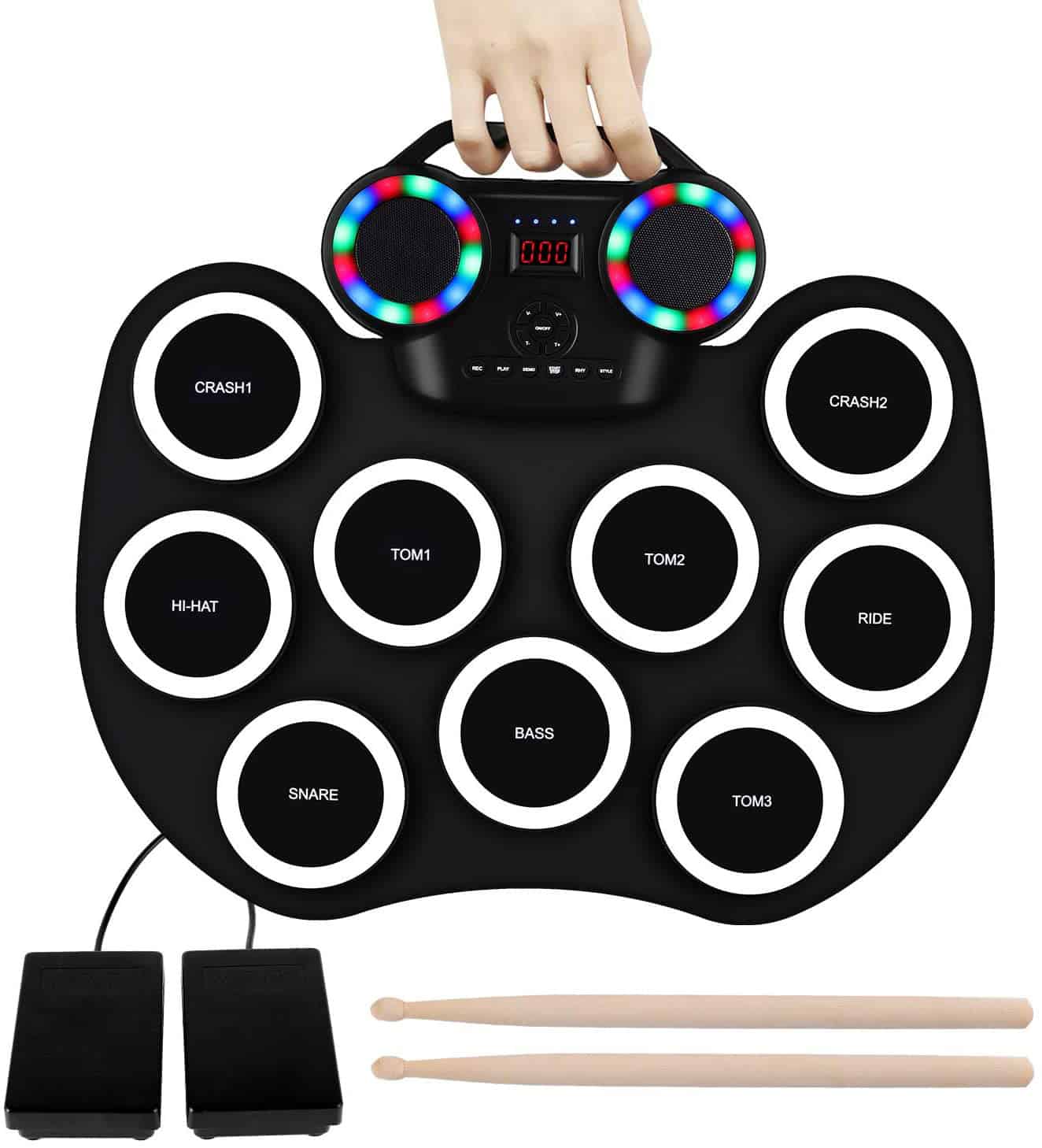 電子ドラム ポータブルドラム ドラムパッド 最新型 初心者 楽器 軽さ MIDI対応 12デモ曲 9リズム 7音色 フットペダル 入門 子供 生徒 ポータブルドラム MP3USBPhones外部音源入
