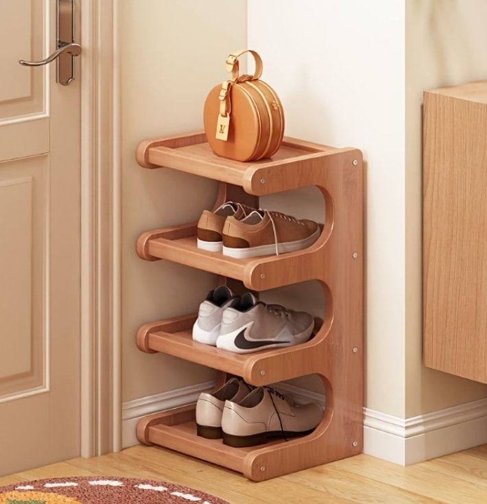 シューズラック 竹製 靴用棚 省スペース 隙間収納 強耐性 安定 安全 丸みのある デザイン 玄関 リビング 屋内 屋外 シンプル 4段 5段 6段ty157