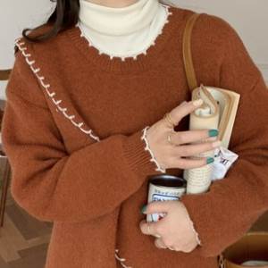 クーポン有セーター アシンメトリートップス レディース ニット 個性的 秋 冬 ポッコリお腹カバー 長袖 萌袖 ラウンドネック 切り替えデザイン カラバリあり ホワイト ベージュ ブラウン 無地 ステ