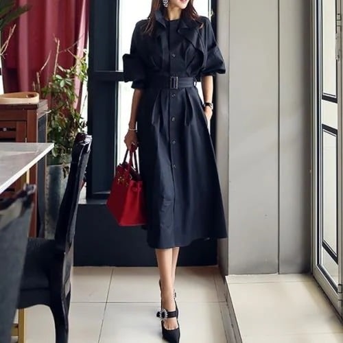 【急速出荷 2025年新作】トレンチコート アウター ロング 長袖 パフスリーブ レディース サイドポケット ウエストベルト ブラック 黒 無地 シンプル ベーシック 上品 可愛い おしゃれ エレガン