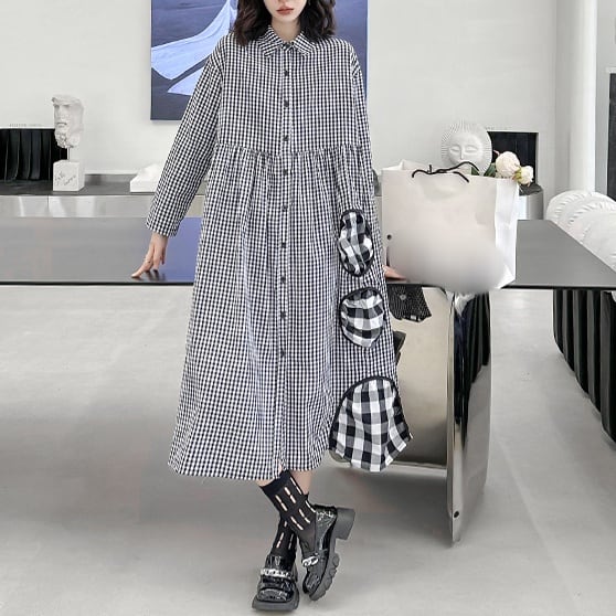 ギンガムチェックステッチデザイン　Aラインミディシャツドレス　 プレゼント 個性的なデザイン ステージ衣装 演出衣装 イベント こせい 個性 特徴あり 新作 TV 主演 ステージ衣装 舞台 おしゃれ