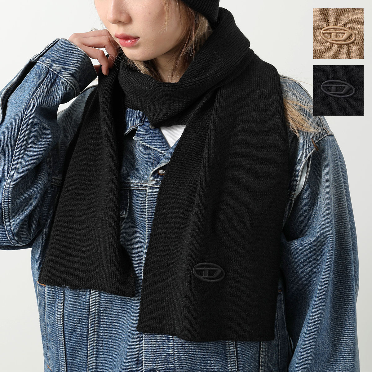 DIESEL KIDS ディーゼル キッズ マフラー J02463 KYAZ1 レディース ガールズ オーバルDロゴ刺繍 ウールブレンド リブ ストール カラー2色