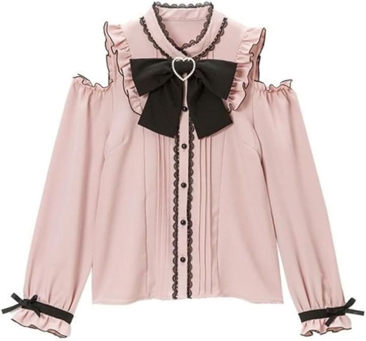 ぴゅありぼん 大きいサイズ 地雷系 リボン付き オフショルダー ショート丈 ブラウス 量産型( ピンク, L)