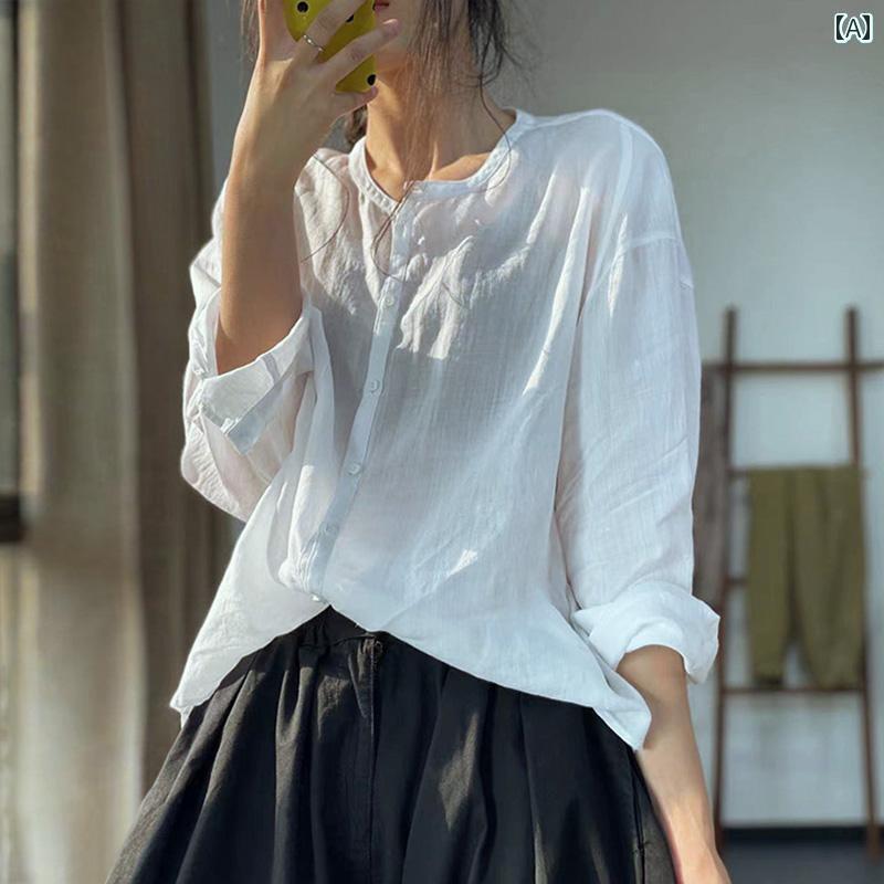 レディース　　シャツ　トップス レトロと カラフルな 夏の 薄手 韓国 シンプル した カーディガン シャツ ラウンドネック 長袖 ラミー トップス レディース