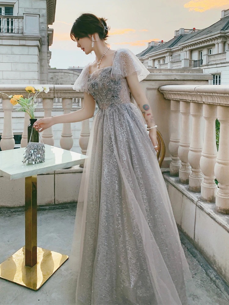 イブニングドレス女性グレー2024春ロング誕生日ホストドレス宴会イブニングドレス