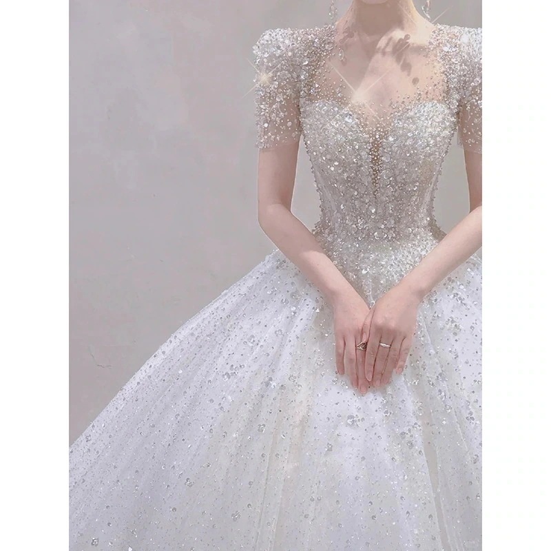 軽やかなウエディングドレス 花嫁 2025 ワンショルダー 半袖 感 小さな星空引きずり主糸