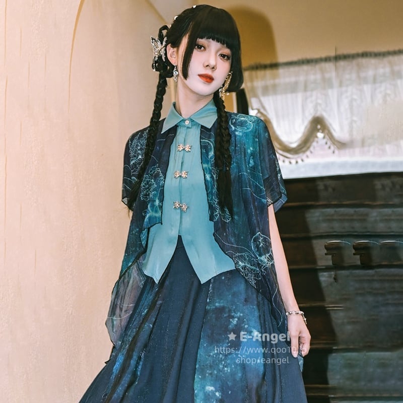 チャイナ風シャツ ブラウス 重ね着風 半袖 レディース 切り替えトップス ブルー オリジナル アシンメトリー シフォン