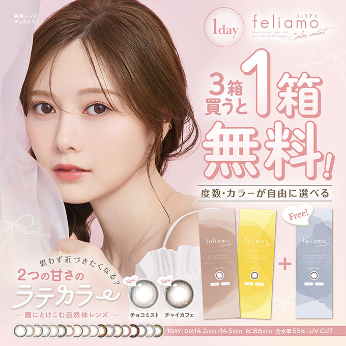 （6箱60枚+3箱30枚)計90枚 カラコン 1day feliamo フェリアモ ワンデー 度あり 度なし inter 14.2mm 14.5mm　白石麻衣