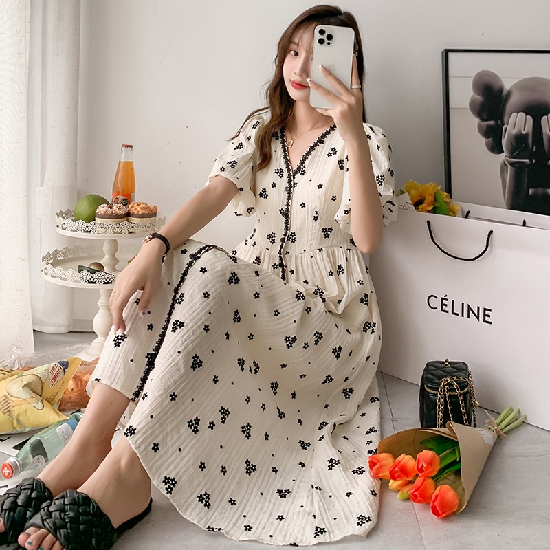 マタニティ ワンピース 花柄 フラワー Vネック パフスリーブ 半袖