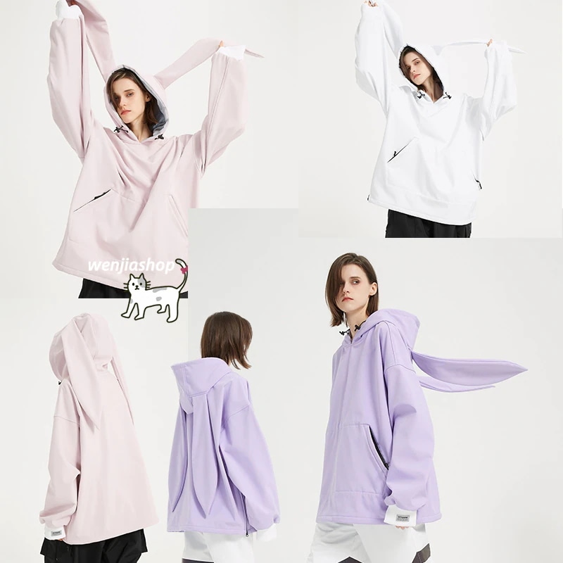 スノーボードウェア ジャケット プルオーバー パーカー アウター 単品 耳付き 兎耳 猫耳 スノボウェア スキーウェア メンズ レディース 男女兼用 韓国風 防風 防水 防寒