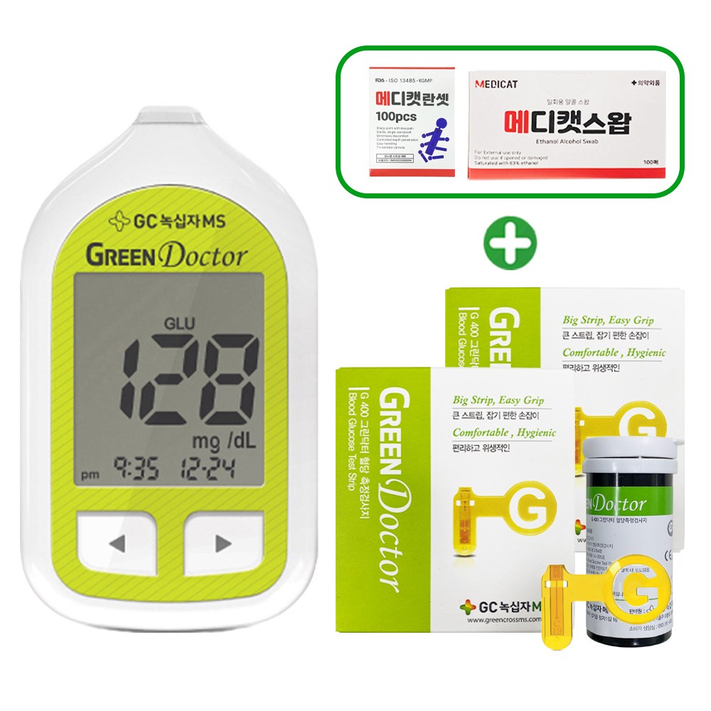 緑十字MS グリーンドクター 血糖測定器+試験紙100枚+滅菌針110個+綿100枚(メディキャットスワップ) 血糖測定器セット