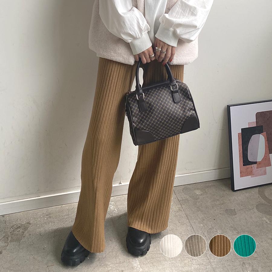 パンツ ニット ニットパンツ ワイド ワイドパンツ シンプル エレガント カジュアル 上品 大人可愛い 韓国 ファッション /カラーワイドリブニットパンツ