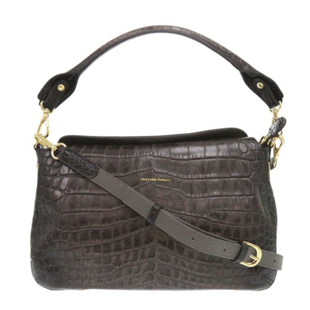 未使用品 レザージュエルズ ハンドバッグ 型押しレザー ブラウン 1345【中古】LEATHER JEWELS レディース
