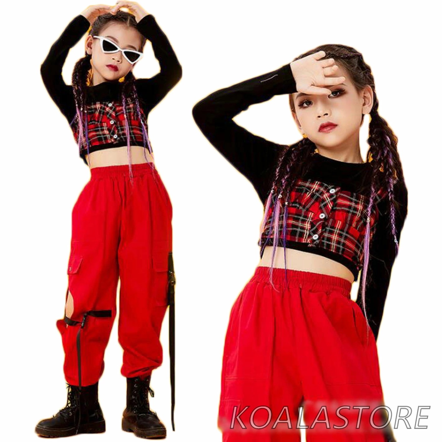 ダンス衣装セット チェック柄 かっこいい ステージ衣装 女の子ジャズダンス衣装 練習着 演出服 レッスン着 120cm-170cm へそ出しトップス 長袖 K-POP 単品選べる 韓国風 ロンパン ダ