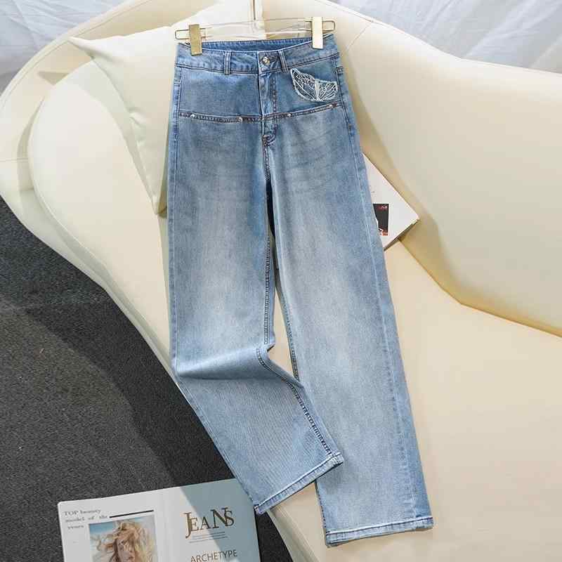 レディース ファッション カジュアル おしゃれ 軽量 涼しい カラー 刺繍 ワイドレッグ ジーンズ 夏 薄手 涼しい レトロ ハイウエスト パイプ ストレート 九分丈 パンツ