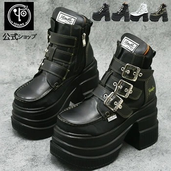 【公式SHOP特典キズ補修液付】 ヨースケ 厚底ブーツ レディース 　スリーバックルショートブーツ 11cm 厚底ヒール