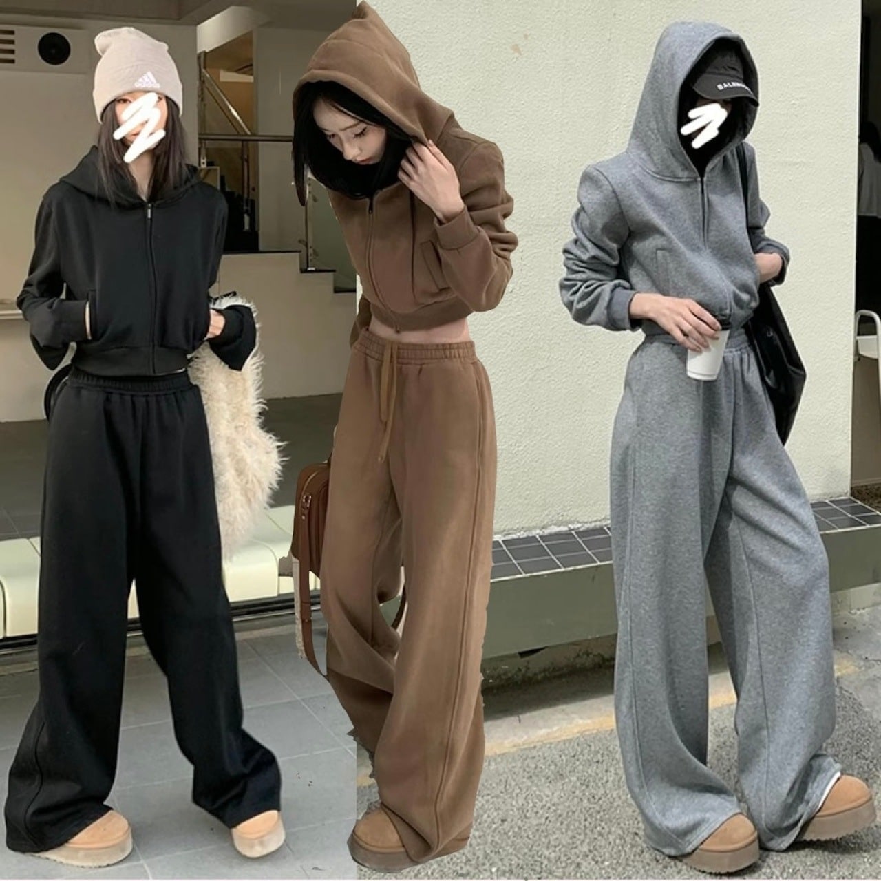 【3日で出荷】スウェット セットアップ レディース 韓国 ファッション クロップド パーカー ワイドパンツ 上下セット