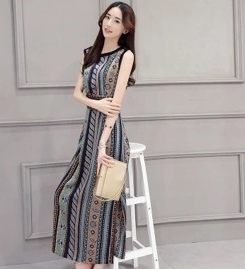 1875.エスニック柄スリットドレス（ブルー）2019 春夏 sale 春夏 sale ワンピース クルーネック タイト ノースリーブ ロング お呼ばれ パーティー 結婚式 披露宴 二次会 女子会 レ