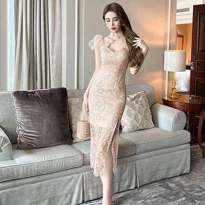 緊急SALE!2点購入で1OO円オフ キャバ パーティー ドレス ワンピース チュール レース チャイナドレス 中華風 2025夏新品