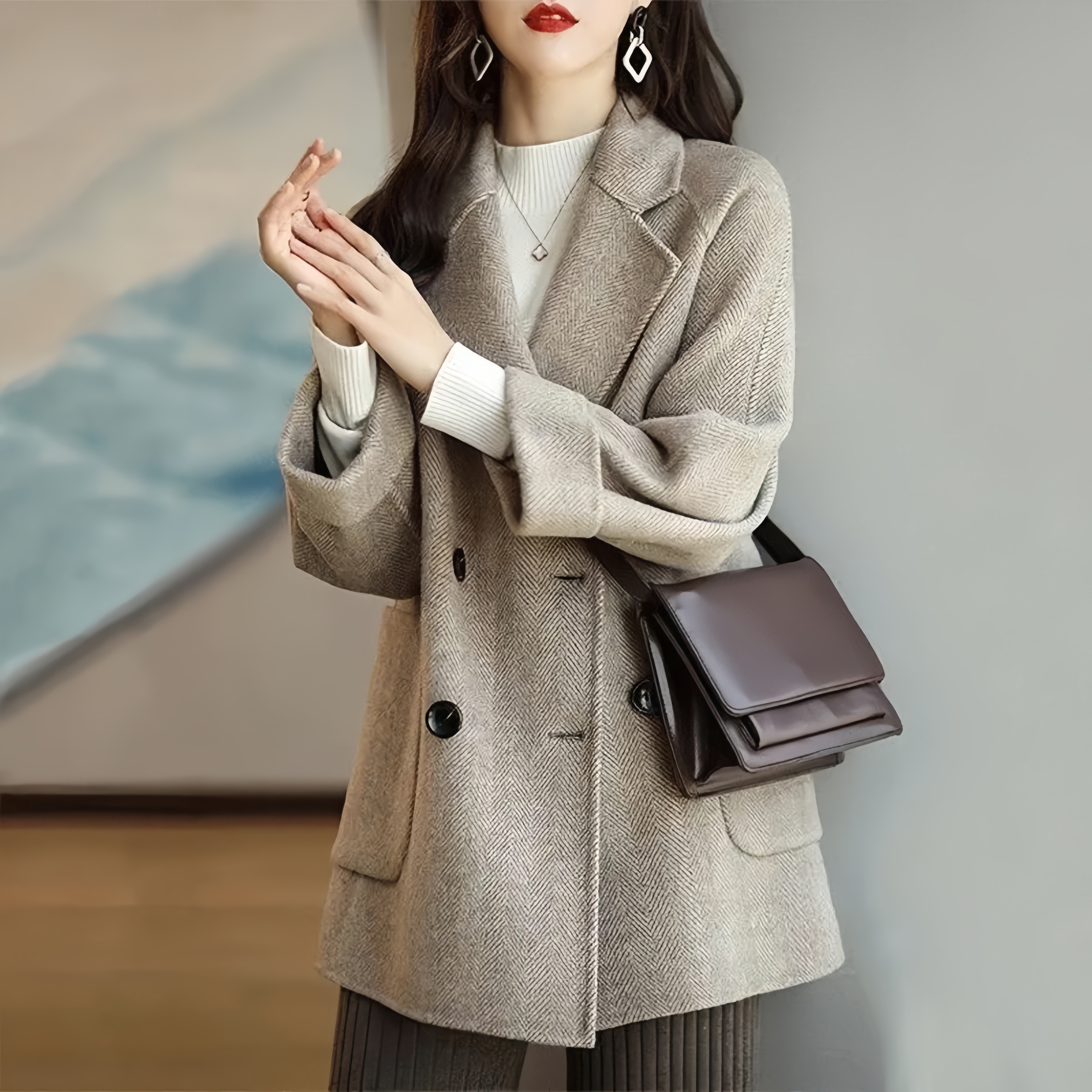 2025 新モデル 小柄女性向け中長款ニットコート 中綿厚手 春秋冬着用