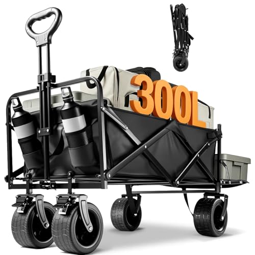 Aasnsn キャリーワゴン 【300L大容量 耐荷重250kg 長物対応 後部展開可】 キャリーカート ボトルポケット付き アウトドアワゴン キャンプ 折りたたみ ワンタッチ収束式 軽量 静音 キャ