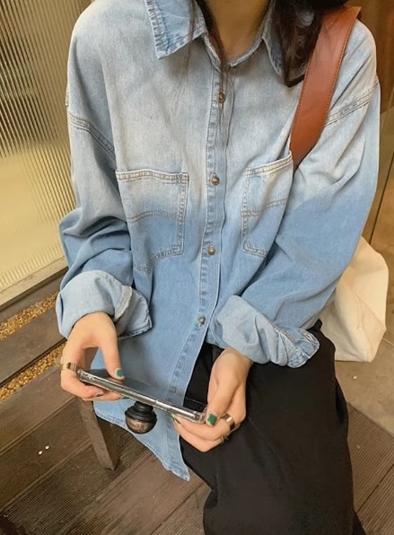 レディース トップス シャツ ブラウス 羽織 長袖 襟付き 前開き アメカジ デニム ブルーデニム かわいい 大人可愛い きれいめ シンプル カジュアル おしゃれ かっこいい こなれ感 ラフ