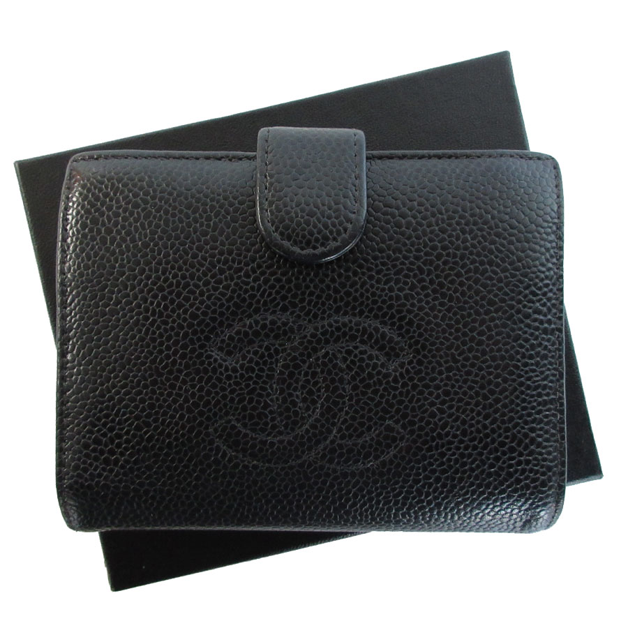 シャネル CHANEL 二つ折り財布 ココマーク キャビアスキンレザー ブラック ゴールド レディース s0452a