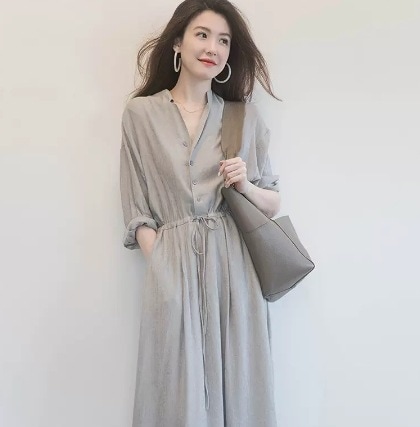 無地シャツロングワンピース シャツ ウエストリボン ロング丈 グレー ブラック M L XL 2XL 3XL 4XL 爽やか かわいい 可愛い きれいめ シンプル カジュアル 上品 おしゃれ