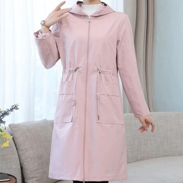 ライトジャケット アウター ジャケット スプリングコート 膝丈 ひざ丈 ミディアム丈 半端丈 長袖 ストレート Aライン ギャザー スリット サイドスリット フード付き ファスナー ポケット 前開き