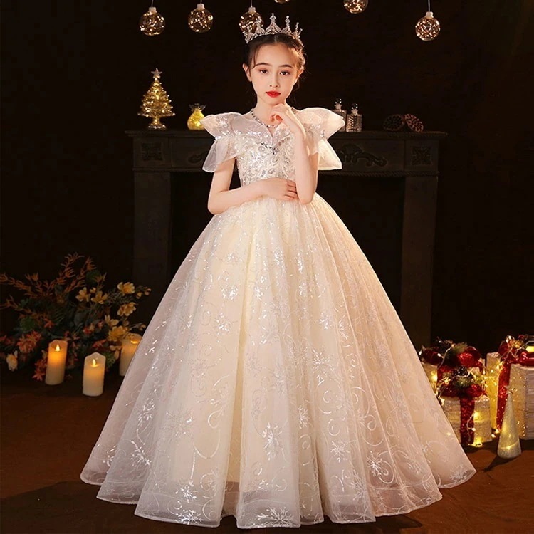 子供ドレス ピアノ発表会ドレス ロングドレス シャンパン色 スパンコール キラキラドレス キレイめ 女児ドレス 子どもドレス 演奏会ドレス フォーマル 女の子 キッズドレス プリンセス 110~160