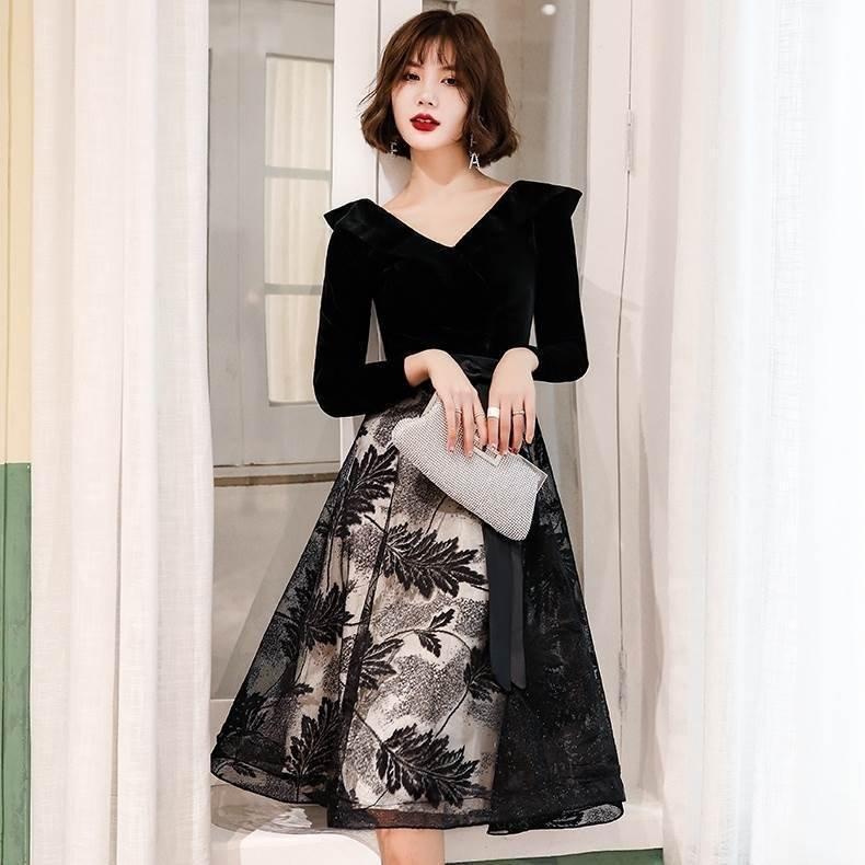 レディースファッション　パーティードレス ミモレ丈 膝丈 個性的 袖あり 黒 バイカラー リーフ柄 チュール ドッキング 結婚式 二次会 お呼ばれ フォーマル